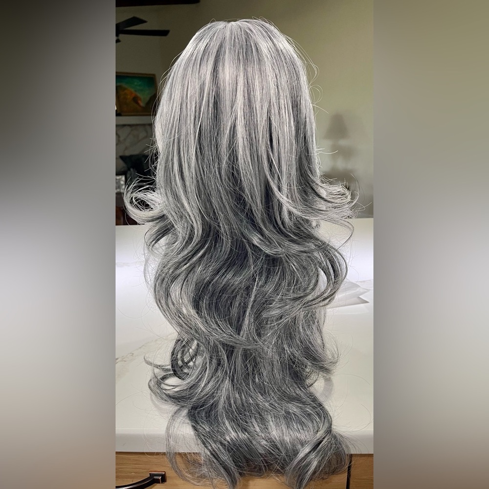 HAIR, 25” Long Layers, Wavy, Swoop Bangs, center part, Silver/Black/Gray - Picture 6 of 10